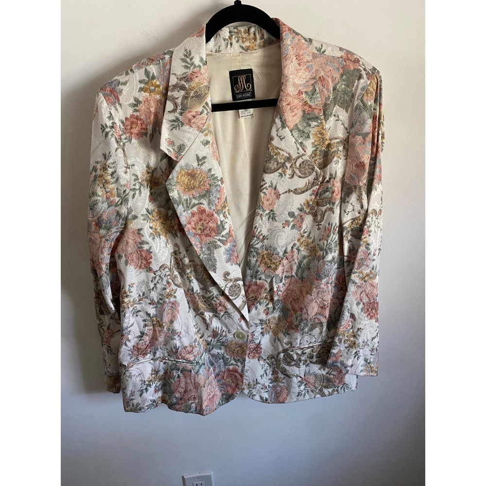 San Moire Vintage Floral Tapestry Blazer Metallic Jacquard Pink Gold 22W USA